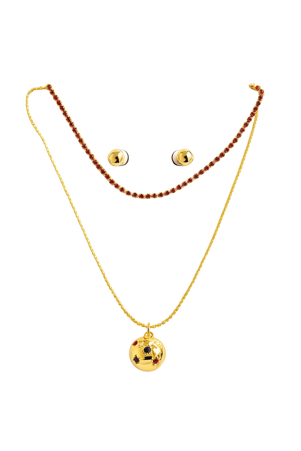 Gold necklace and earrings set on a white card with 'entre lados' branding.