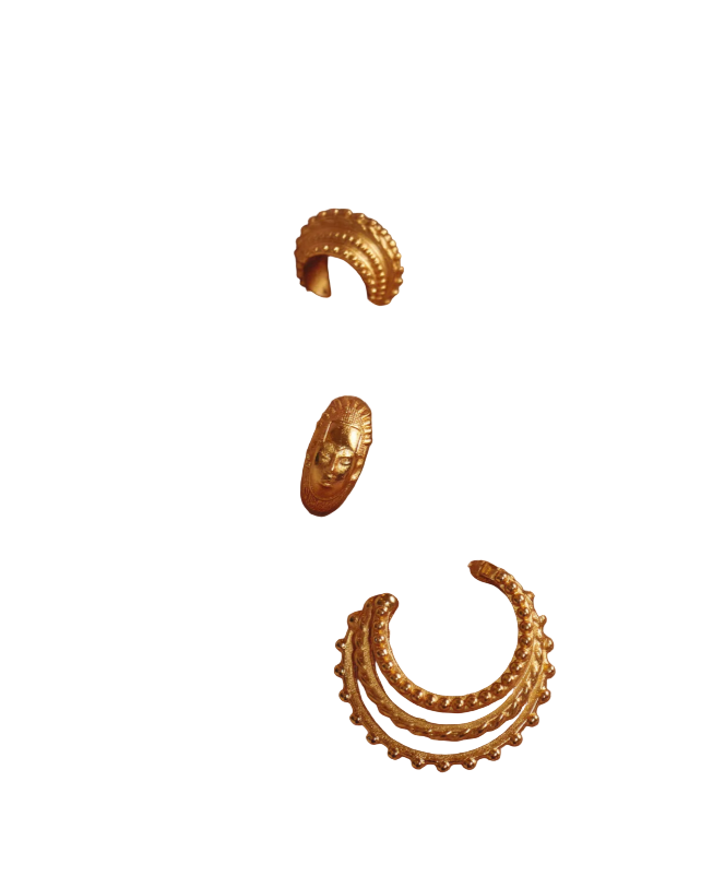 Gold hoop earrings on a textured brown fabric background