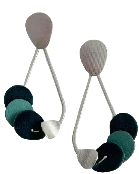 Leather teardrop silver earrings blue, aquamarine