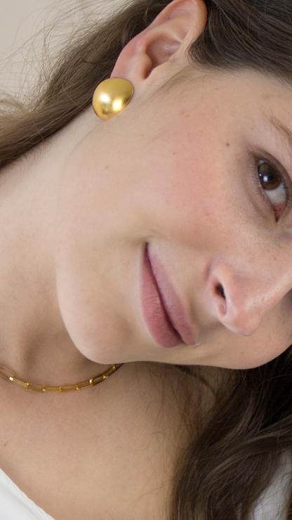 Close-up of a person wearing Andinia Golden Stud Earrings