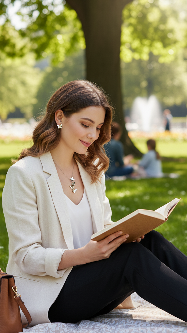 Woman reading a book in a park wearing Butterfly Waterfall Silver Necklace & Earrings Set