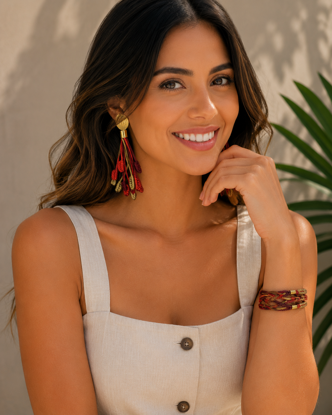 Drops Earrings in Red & Beige