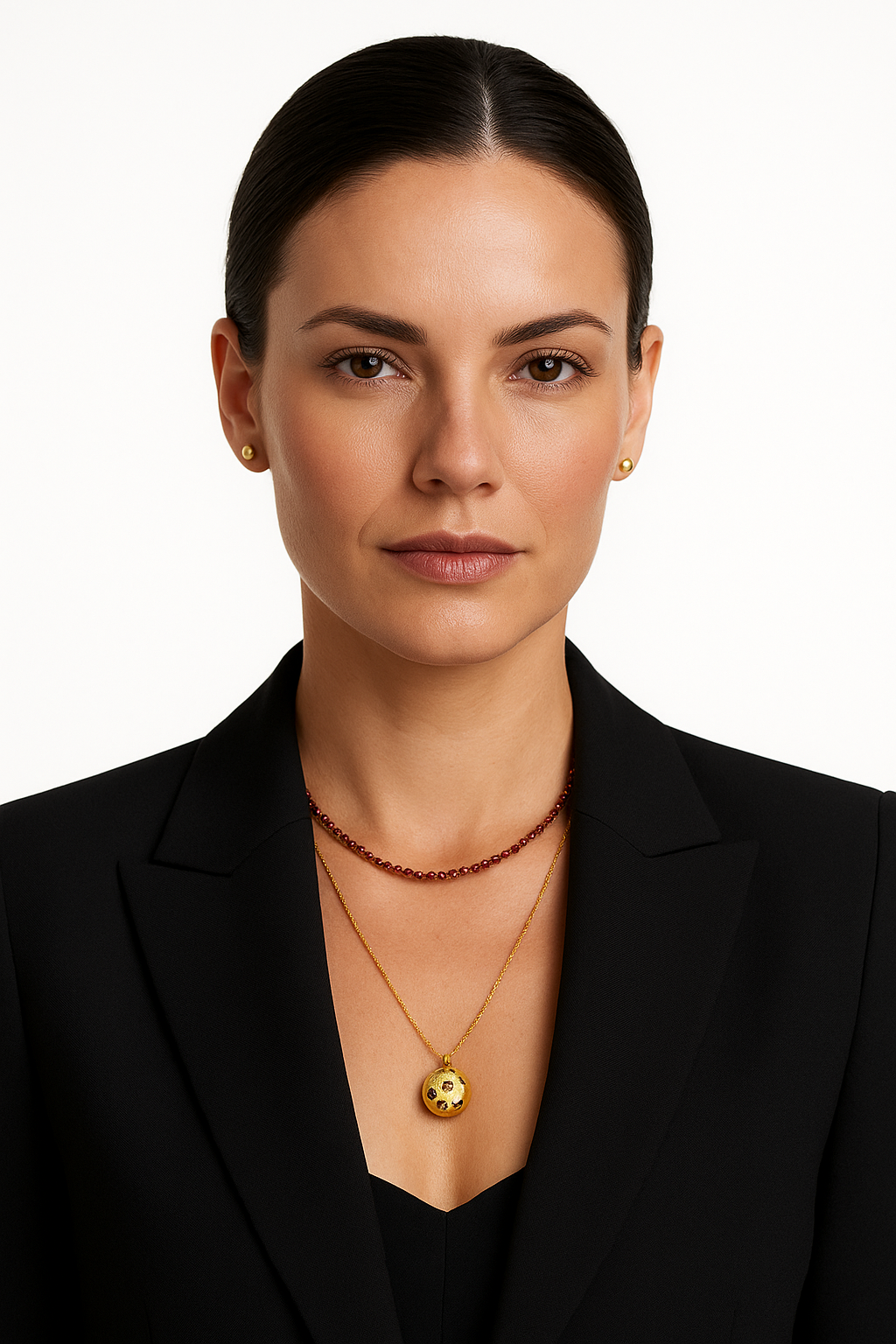 Woman wearing a necklace with a black blazer on a white background