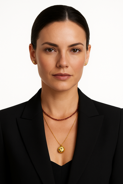 Woman wearing a necklace with a black blazer on a white background