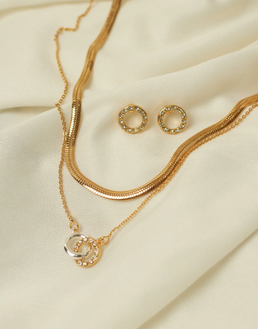 Infinity 2 Golden Necklaces + Bow Stud Earrings Set