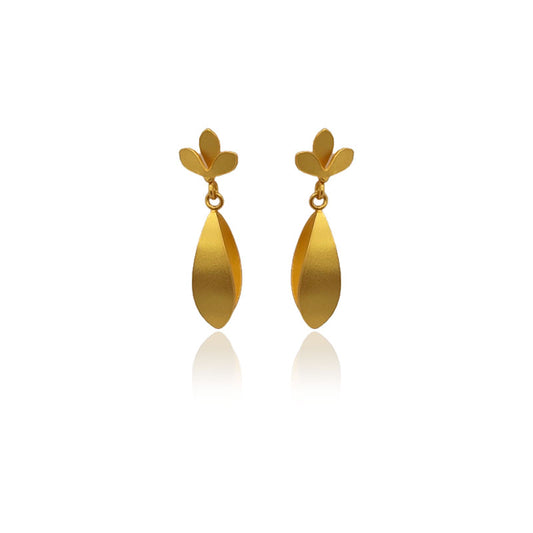 Pair of Iris golden earrings on a white background