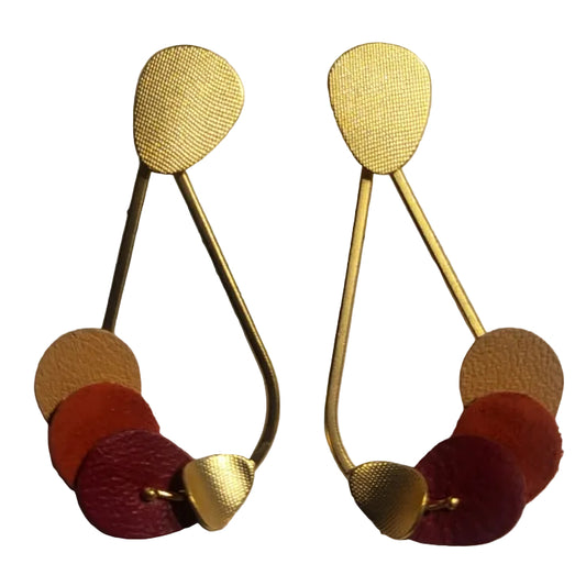 Leather teardrop gold and red earrings