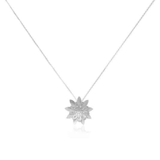 Silver Loto flower-shaped pendant on a white chain against a white background