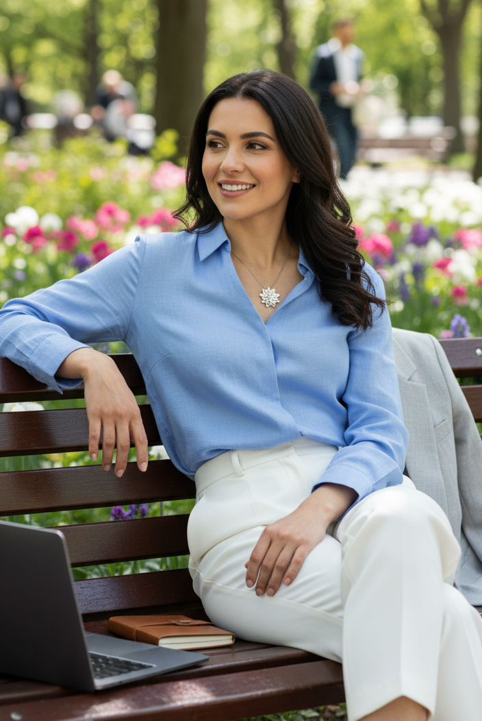 Woman sitting on a bench with a laptop in a park wearing a Loto Silver Necklace