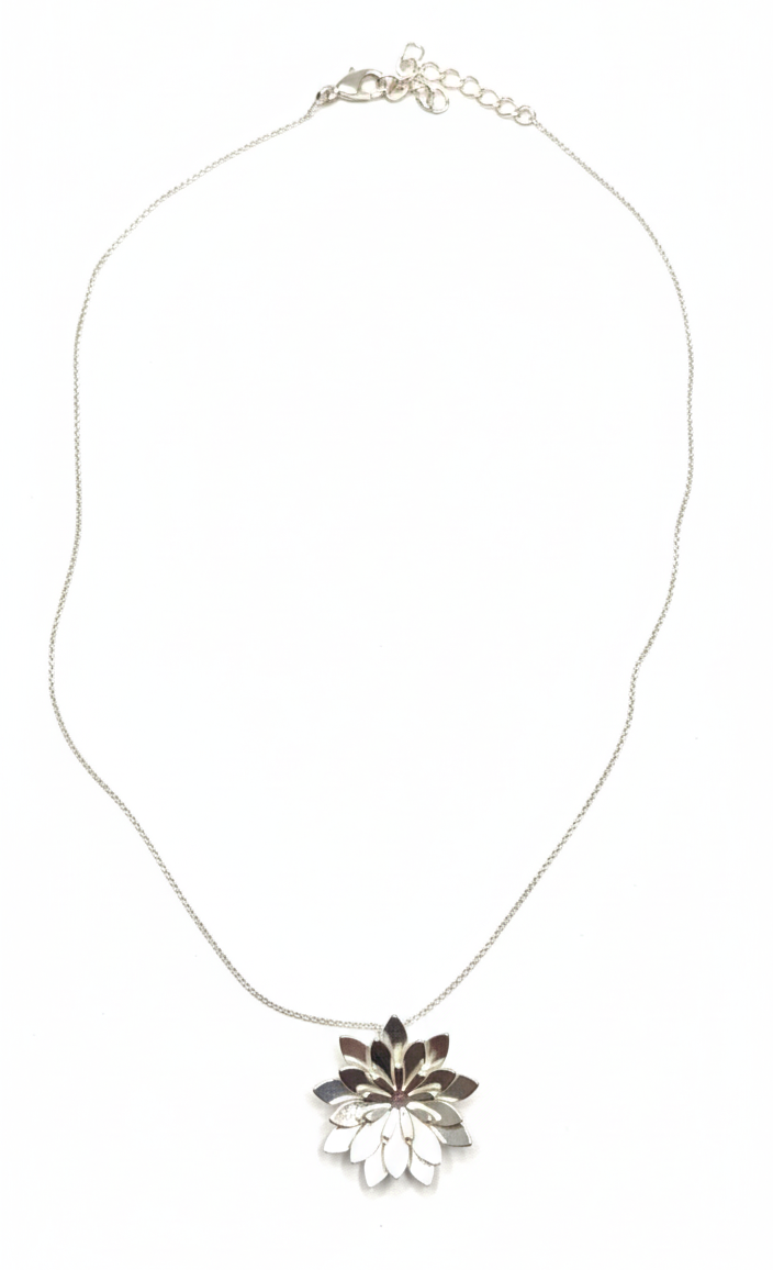 Necklace with a loto floral pendant on a white background