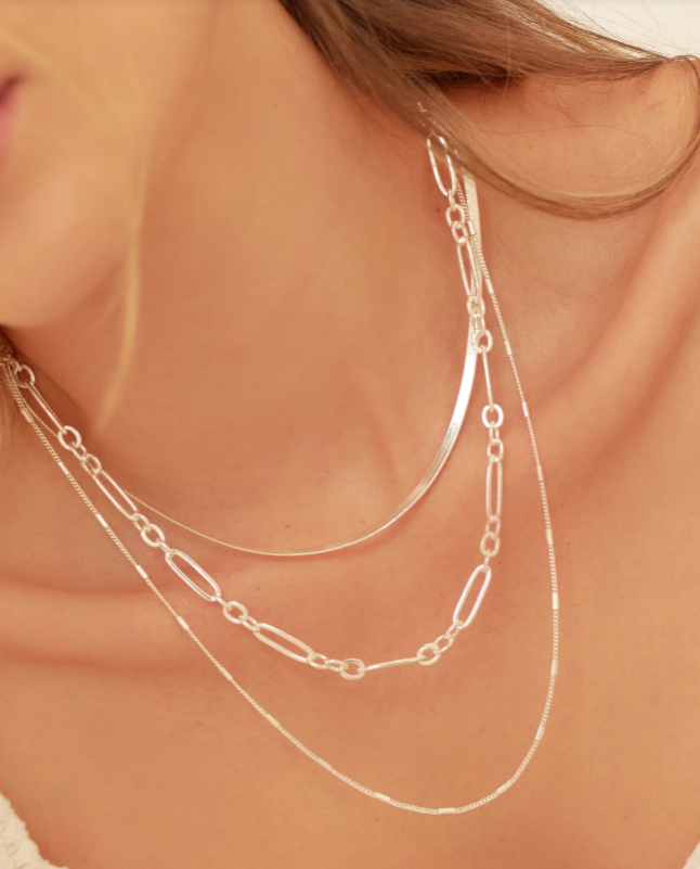Close-up of a person wearing multiple silver chain necklaces on a neutral background