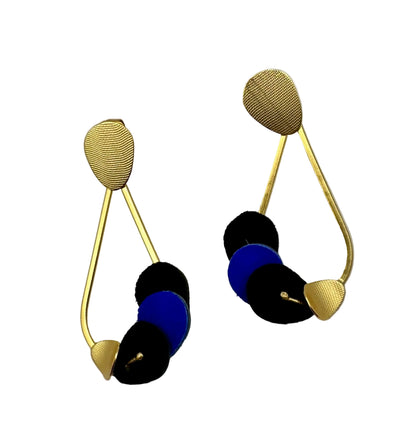Leather teardrop gold earrings blue and black