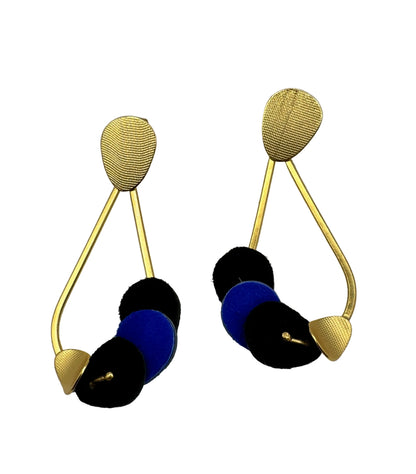 Leather teardrop gold earrings blue and black