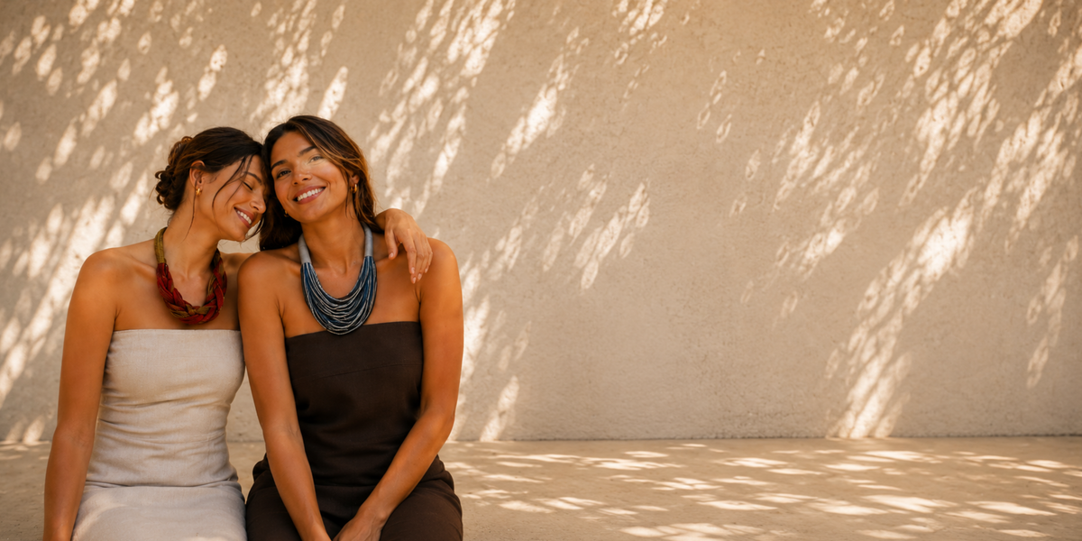 Two women wearing handmade Latin American necklaces from ZOMA's new arrivals collection